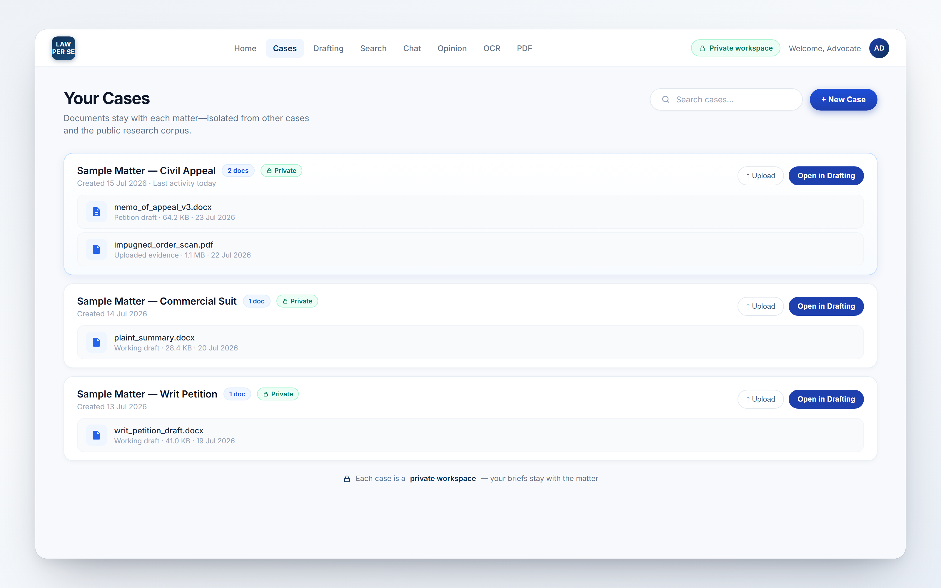 Private case workspace with sample matters